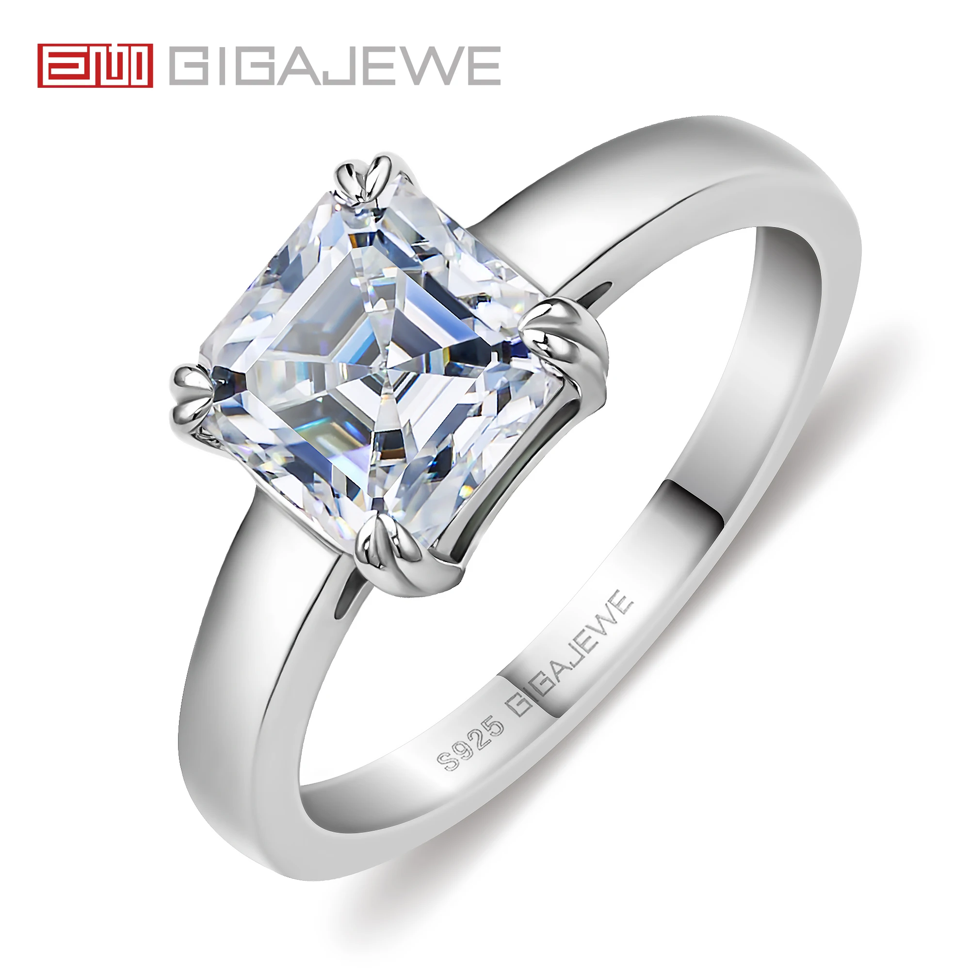 

GIGAJEWE 5.5/7.0mm 0.8/2.0ct D Asscher 18K White Gold Plated 925 Silver Moissanite Ring Diamond Test Passed Jewelry Woman Gift