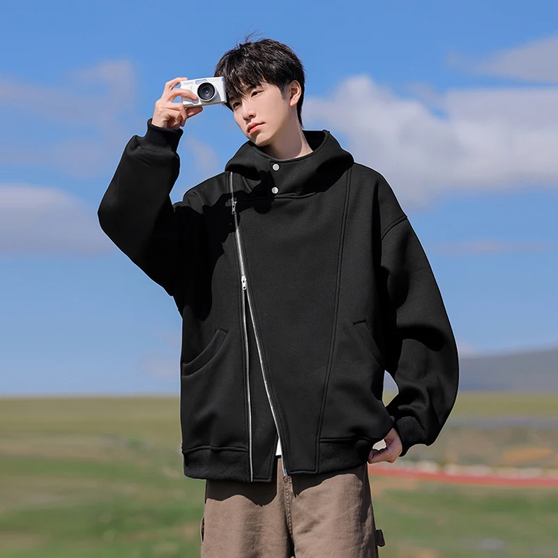 

Уличный кардиган с диагональной молнией и капюшоном для мужчин, весенне-осенняя повседневная куртка, свободное однотонное мужское пальто с капюшоном и длинными рукавами