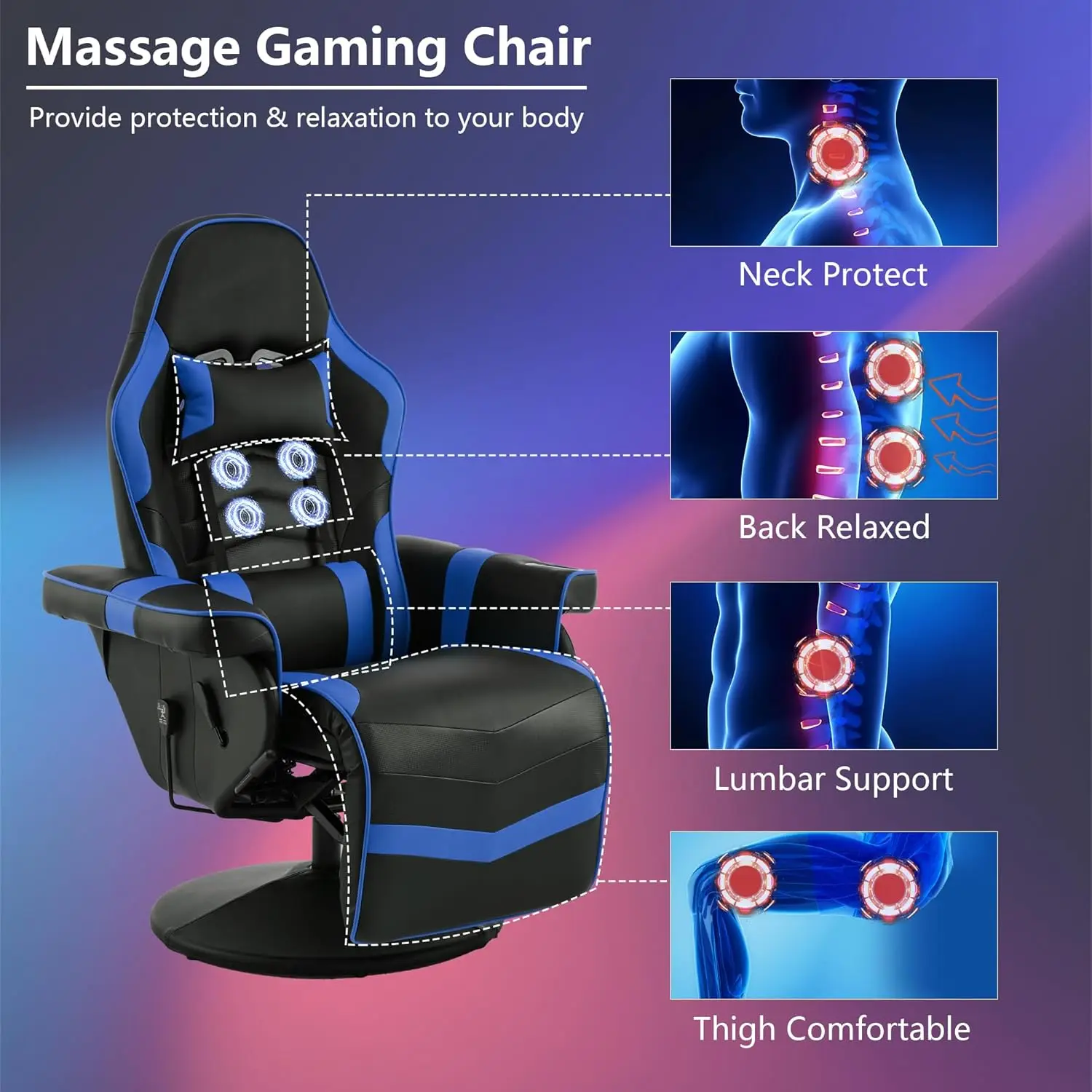 Fauteuil de jeu massant pour adultes, chaise de bureau inclinable et rapide avec repose-pieds, dossier réglable et porte-gobelet, noir et bleu