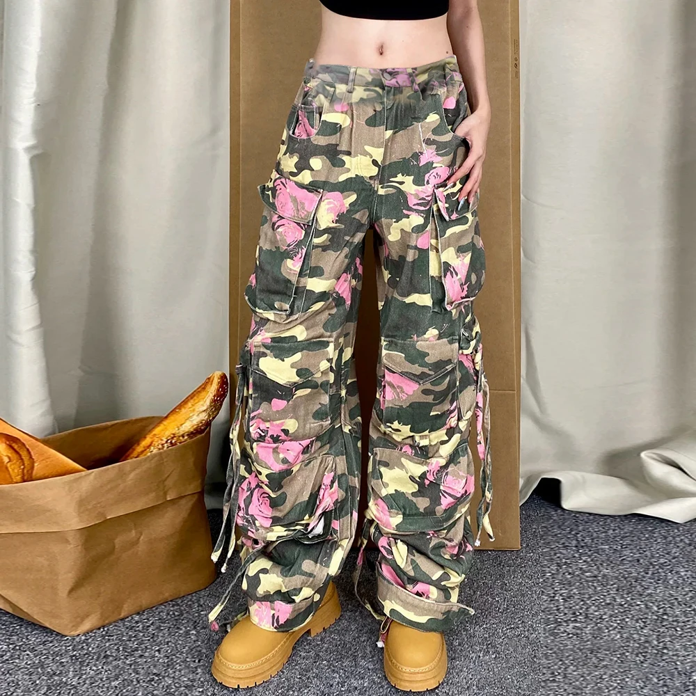 TWOTWINSTYLE Colorblock Spliced Pockets Pants For Women High Waist Patchwork Lace Up Casual Vintage Camouflage Pant Female Style