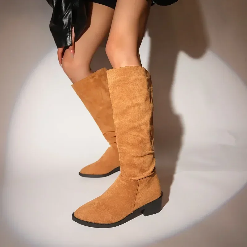 

Shoes for Women 2024 Classic Pointed Toe Women's Pleated Boots Autumn Winter Fashion Suede Flock Knee High Boots Botas De Mujer