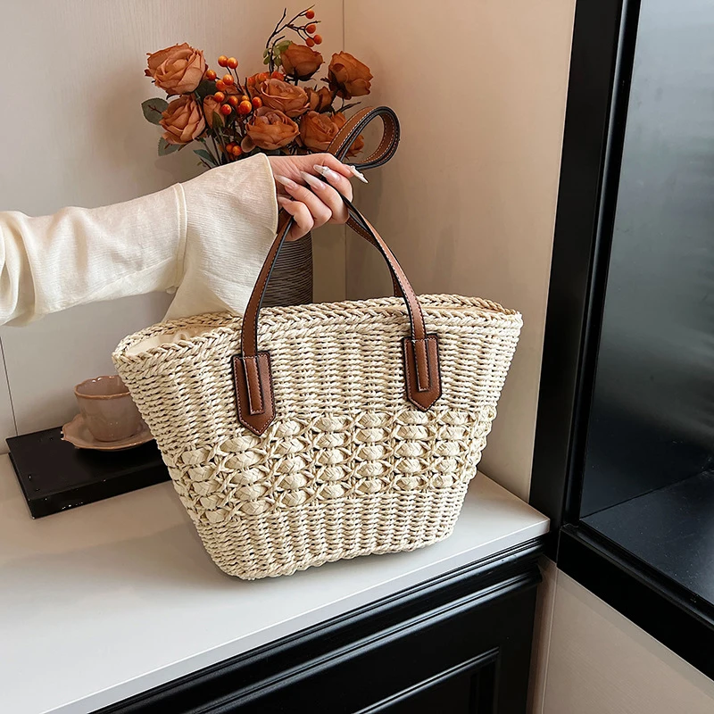 Summer Straw Bags for Women Straw Shoulder Bags Rattan Woven Top Handle Bag Hollow Raffia Crochet Beach Bag Casual Handbags