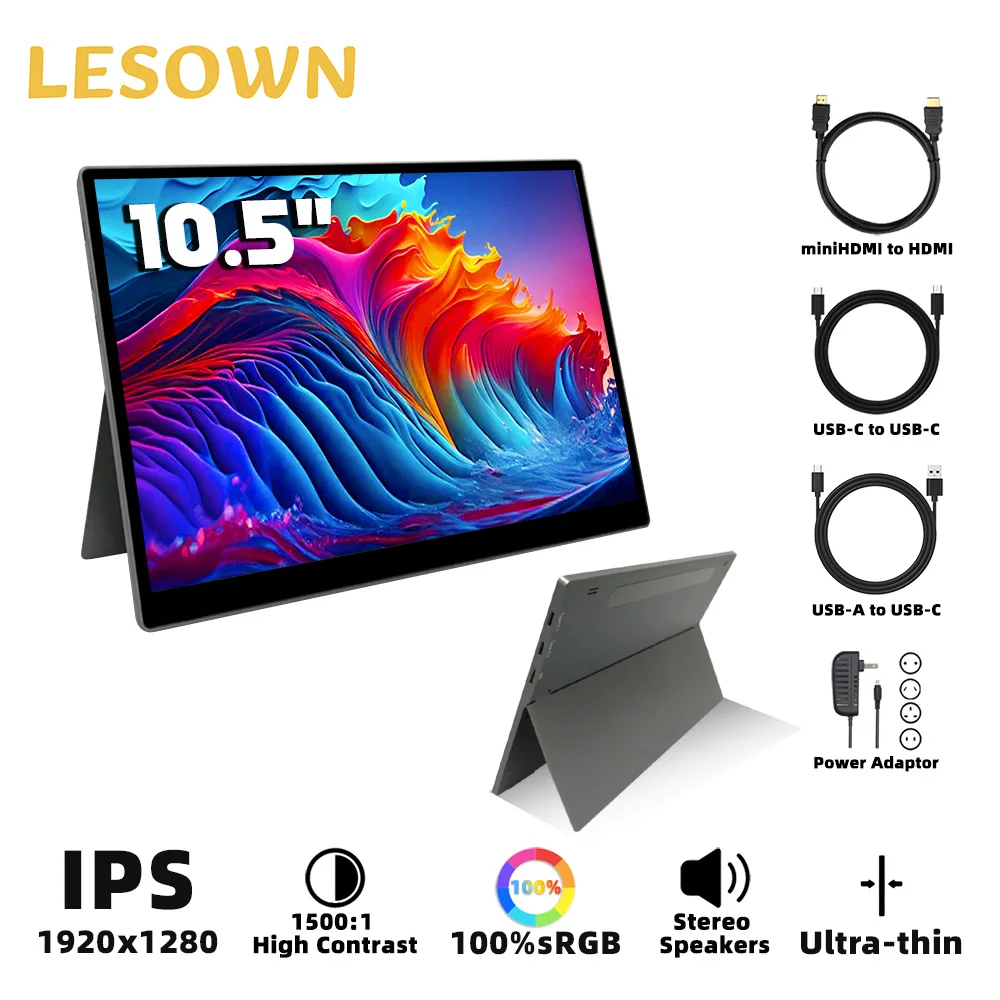 

LESOWN Travel Monitor 10.5 Inch LCD Secondary Monitor 1920×1280 IPS USB-C External Screen for Laptop Mac Phone Raspberry Pi PC