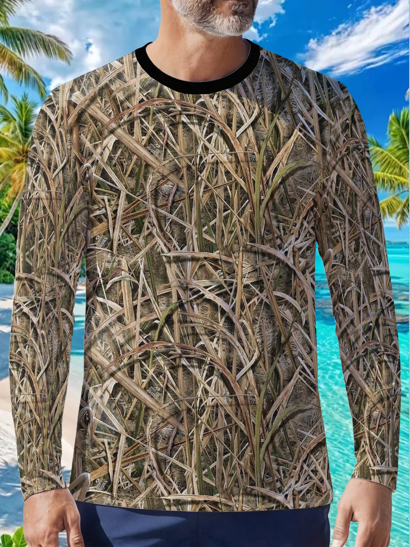 Fall Winter Dry Grass Hunting Camo Mens Polyester Long Sleeve T Shirt Dried Straw Grass Print Graphic Tee Outdoor Casual Breatha