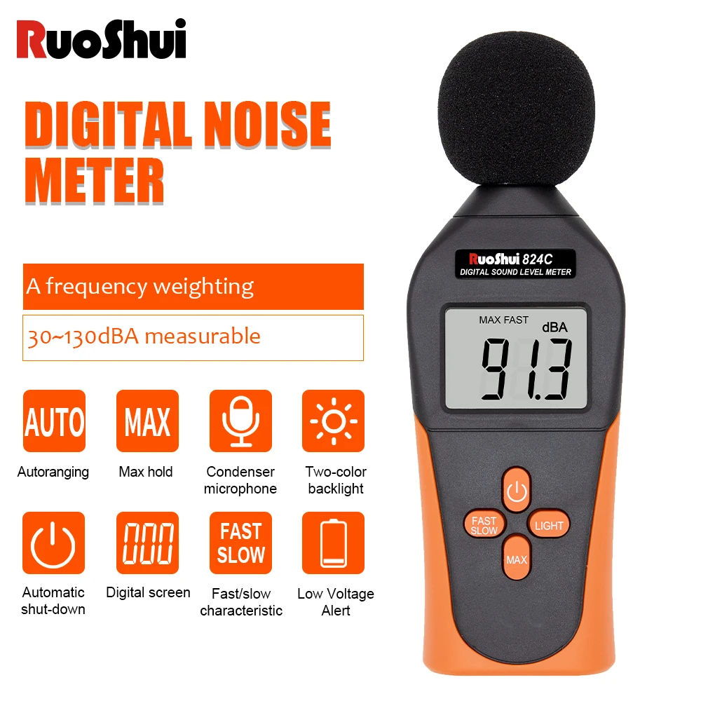 RuoShui 824C Digital Sound Level Meter Automatic Range Mesa De Som Noise Detector High Precision Medidor De Ruidos Decibel Meter