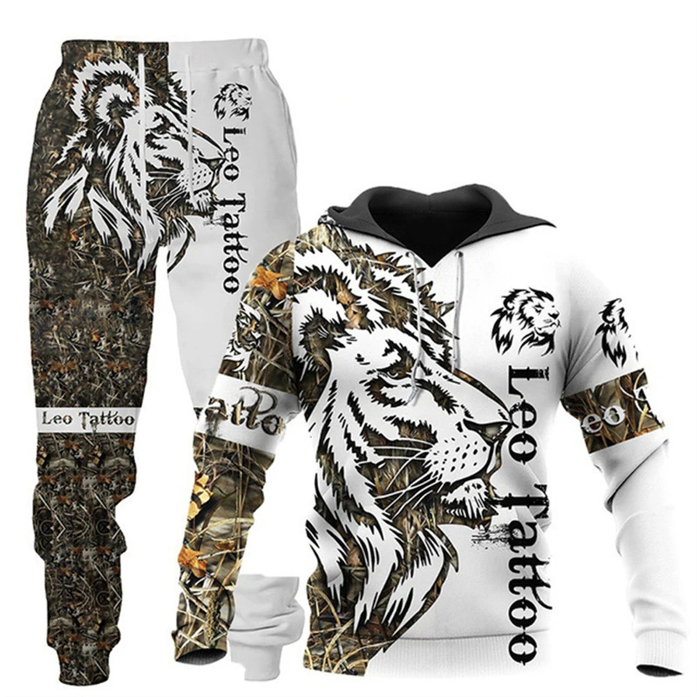 Winter Autumn Leo tattoo Hoodies Pants Set 3D Lion Print MEN Women Tracksuit Two Piece Outdoor Jogging Clothing Sportswear Suit