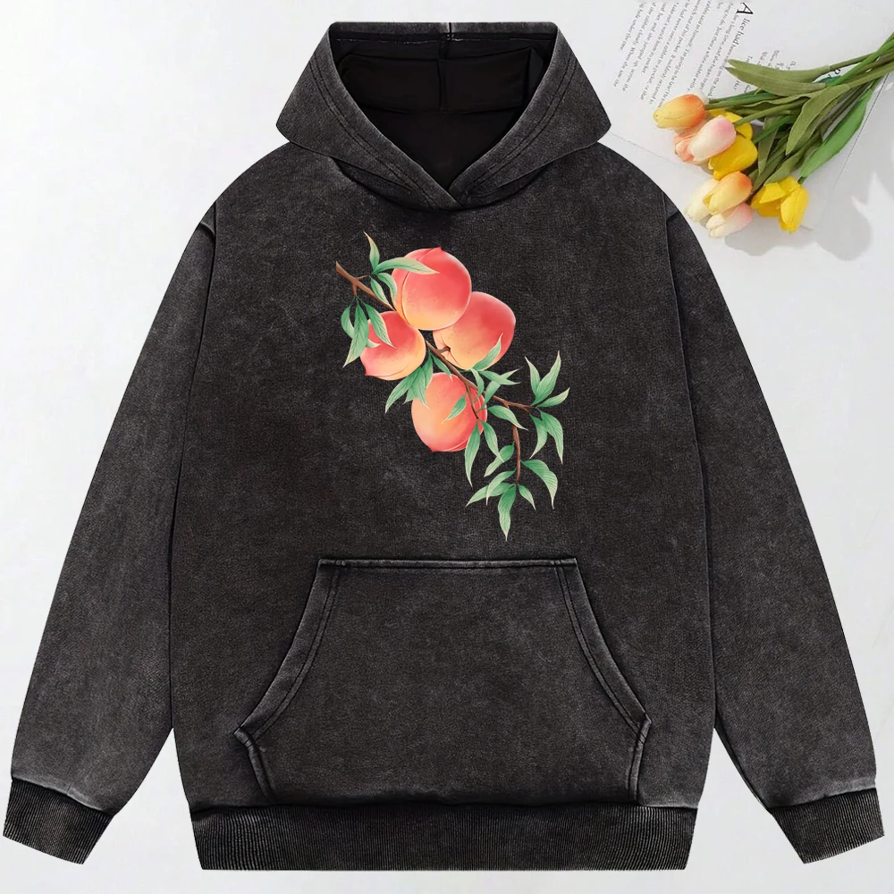 Fresh Peaches On Branches Print Washed Hoodie Female Autumn Trendy Sweatshirt Vintage Loose Hoodies Street Style Cotton Pullover