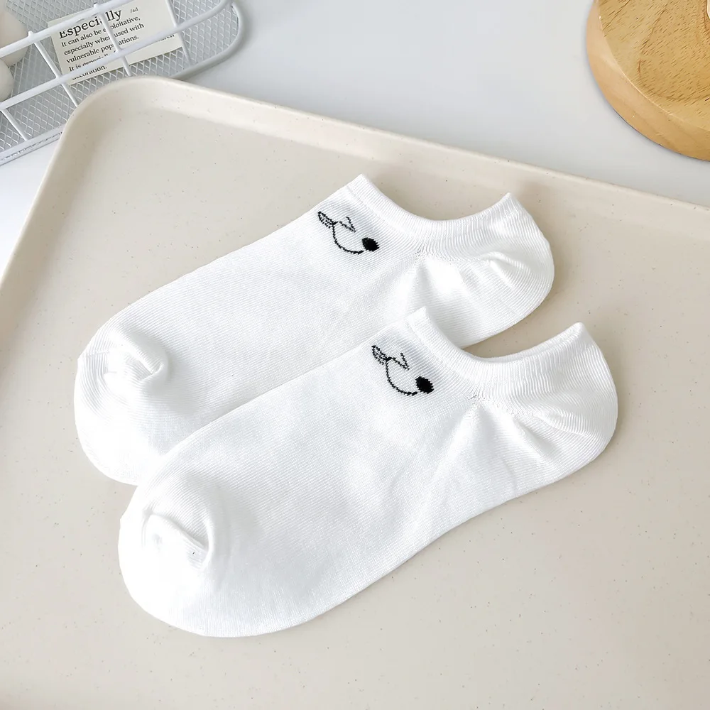 5 Pairs Cute Expression Women Short Socks Fashionable Simple Spring Summer Sweat Absorbing Breathable White Casual Socks