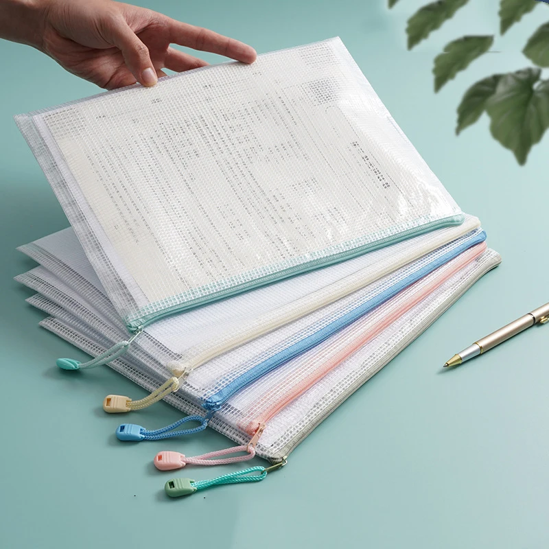 Waterproof Transparent Document Bag Thickened A4 Grid Macaron-colored File Bag Portable Test Paper Bag Office Supplies