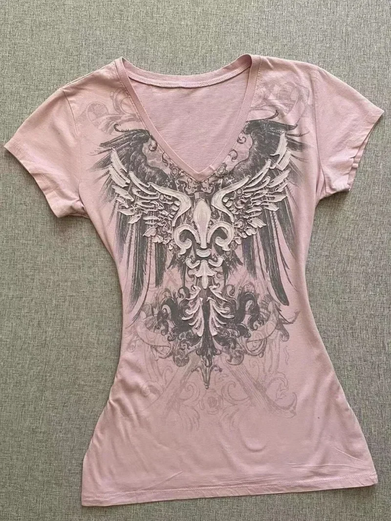 Neploe  2025 Summer Pink V-Neck Short Sleeve Slim Fit Waist Cinching Top American Vintage Fairycore Streetwear 2000S Y2K T-Shirt