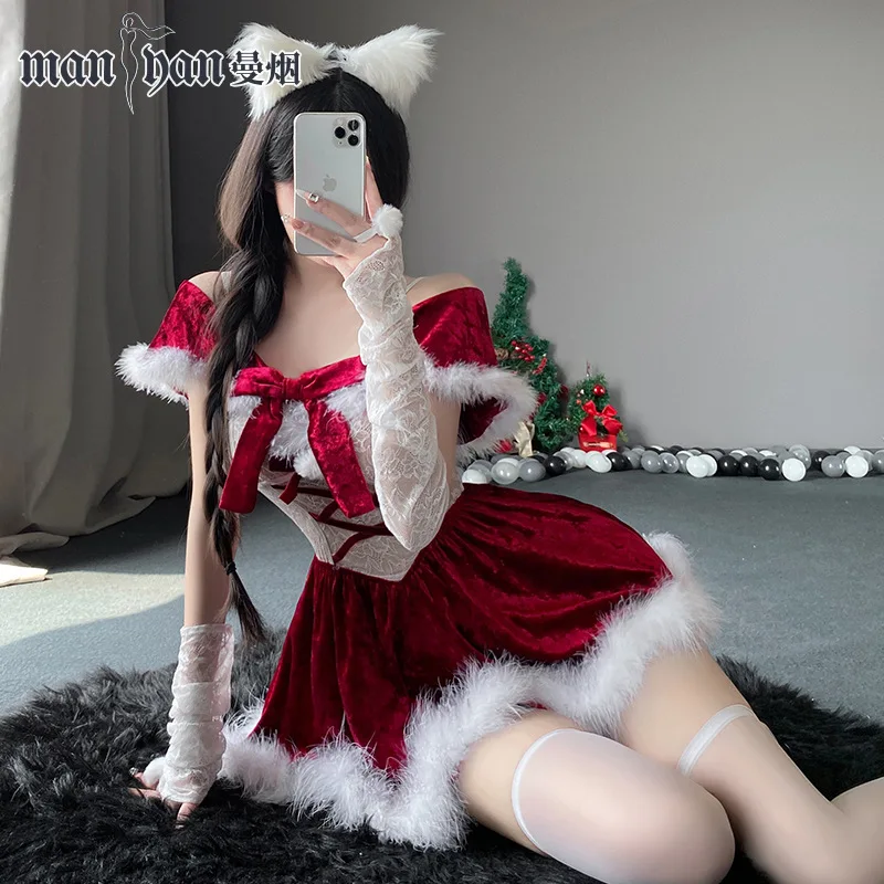ออกแบบใหม่ผู้หญิงเซ็กซี่ลูกไม้คริสต์มาสปาร์ตี้เต้นรําชุดผู้ใหญ่เลดี้สไตล์ใหม่ปีสีแดง Babydoll สาวหวานคอสเพลย์ชุด