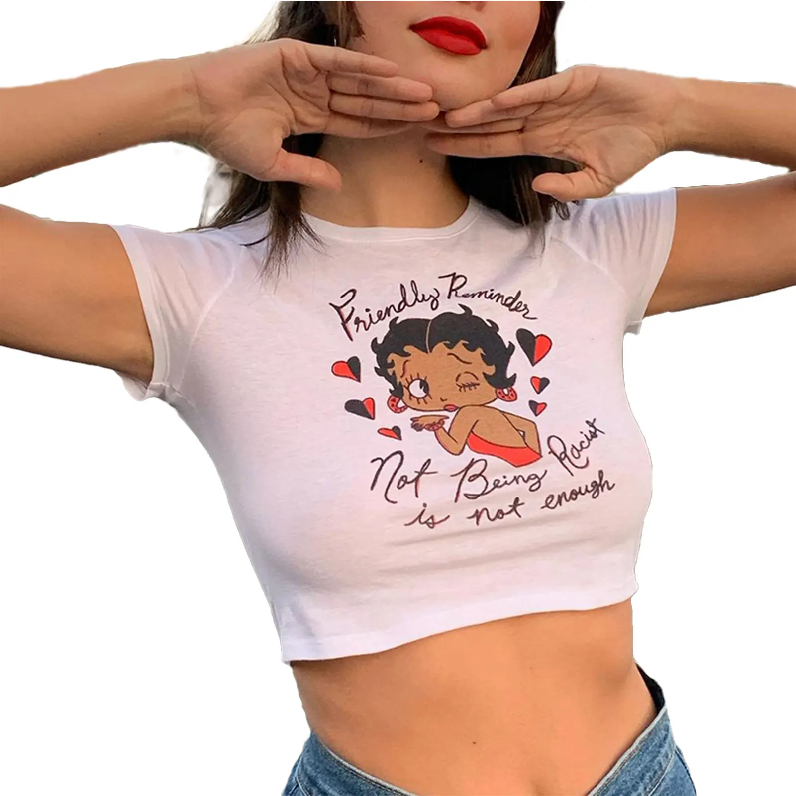 Summer Slim Fit Crop Tops Women´s Sweet Crewneck Cartoon Print Short Sleeve Tee Shirts Sexy Beach Women Sports Tank Tops