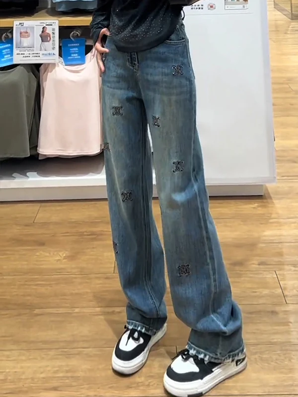 Y2K Donna Primavera Autunno Ricamato Vita alta Gamba larga Jeans in denim plus Size Dimagrante Drapey Mercury One Brand Pendolari Sle