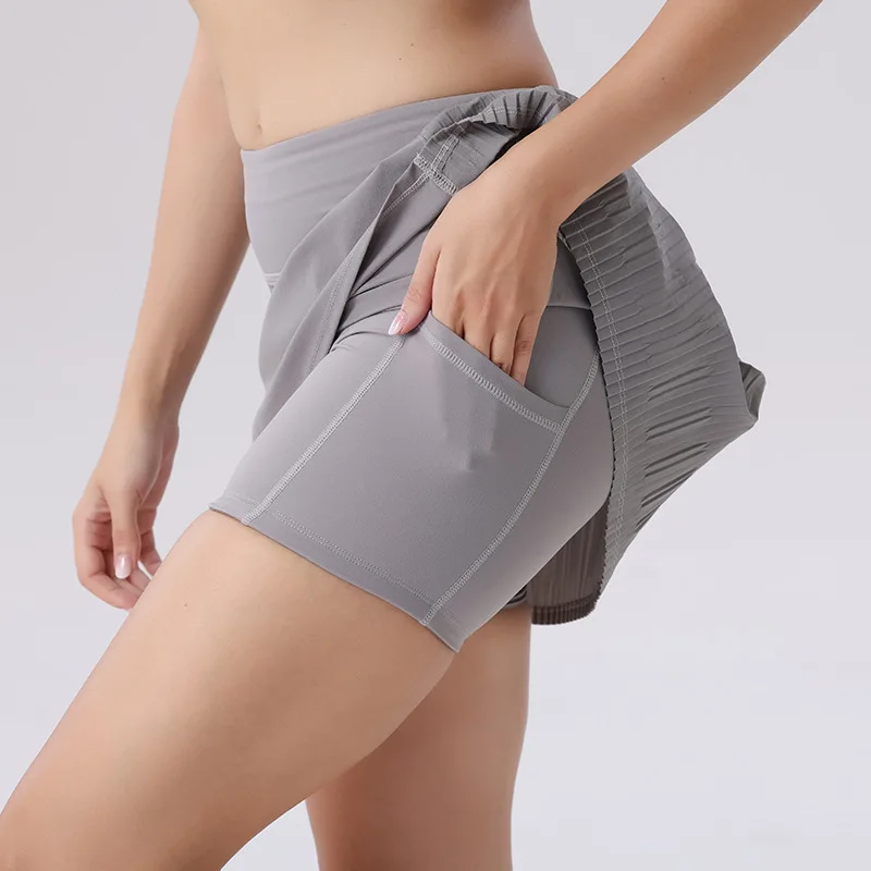 Yoga Tennis Skirt Women Sports Fitness High Waist Tummy Control Pleated Skirt Lined Anti-Exposed Fake Two-piece Skirt