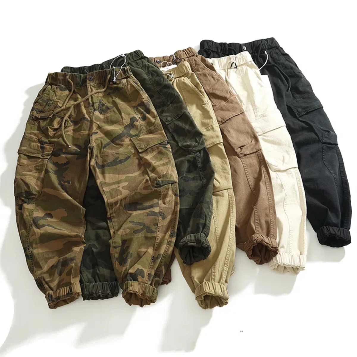 

Multi-pocket cargo casual pants men's heavy thick elastic woven old washed loose fashion Harlan leg pants