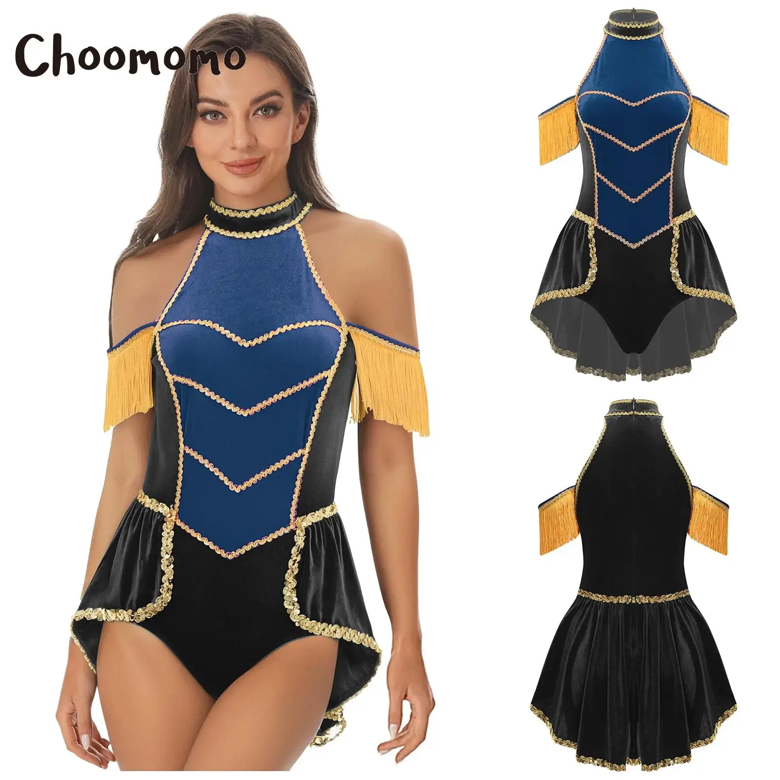 

Womens Girls Contrast Color Circus Honor Guard Costume Cosplay Bodysuit Velvet Tassel Swallowtail Jumpsuit Halloween Theme Party