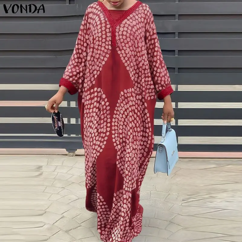 

Женское богемное платье VONDA больших размеров 5XL, весеннее модное повседневное платье с рукавами 3/4, с принтом, в стиле пэчворк, макси, длинное, оверсайз, для вечеринок