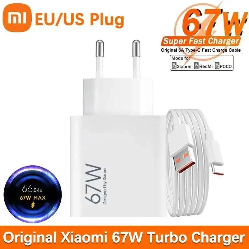 Carregador Rápido Original Xiaomi 67W com Cabo USB C e Adaptador de Parede EU/US para Redmi Note 14, Mi 14T, 13, 12 Turbo, Poco X6