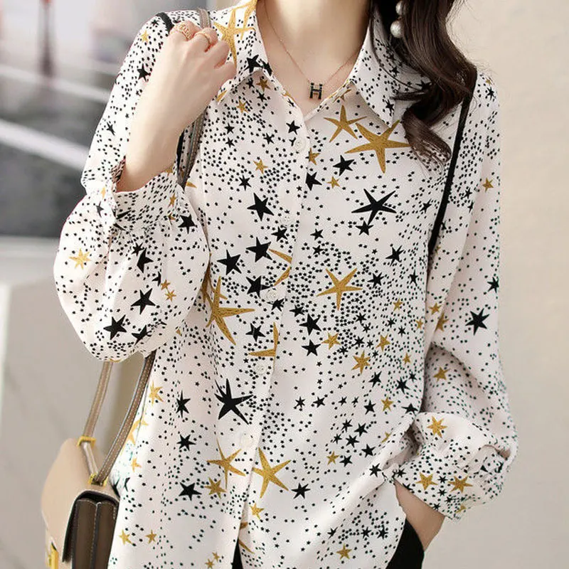 Stylish Loose Star Printed Shirt Female Clothing Commute Polo-Neck Casual Spliced Spring Autumn Korean Single-breasted Blouse