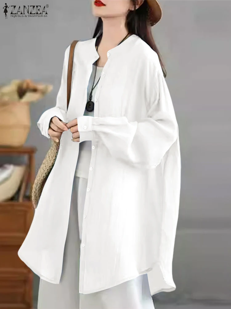 

ZANZEA, осенние женские элегантные рубашки с длинным рукавом, модные топы с круглым вырезом на пуговицах, 2021, длинная блузка, однотонная корейская Blusas Feminina