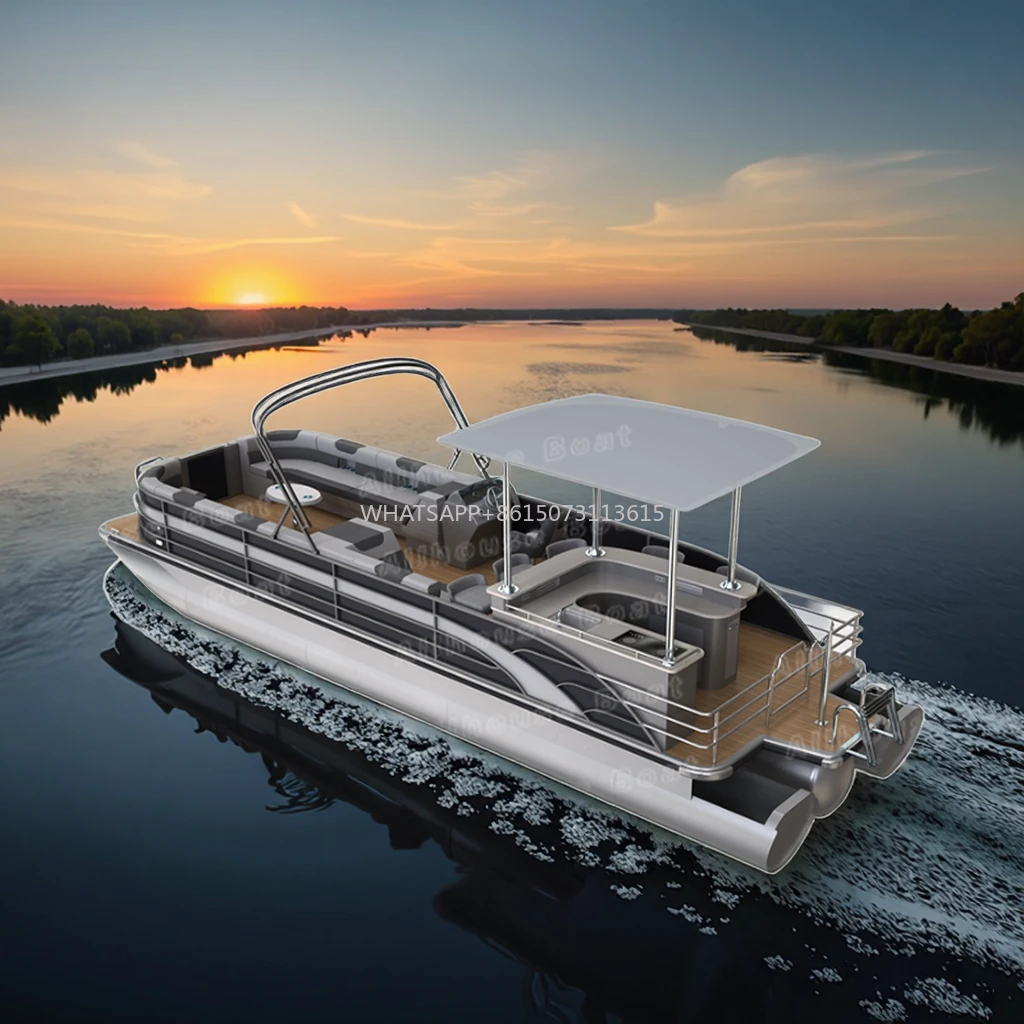 Allhouse Barca pontone da 25 piedi La migliore barca da fiume Galleggiante Barca a remi pontone premium in vendita