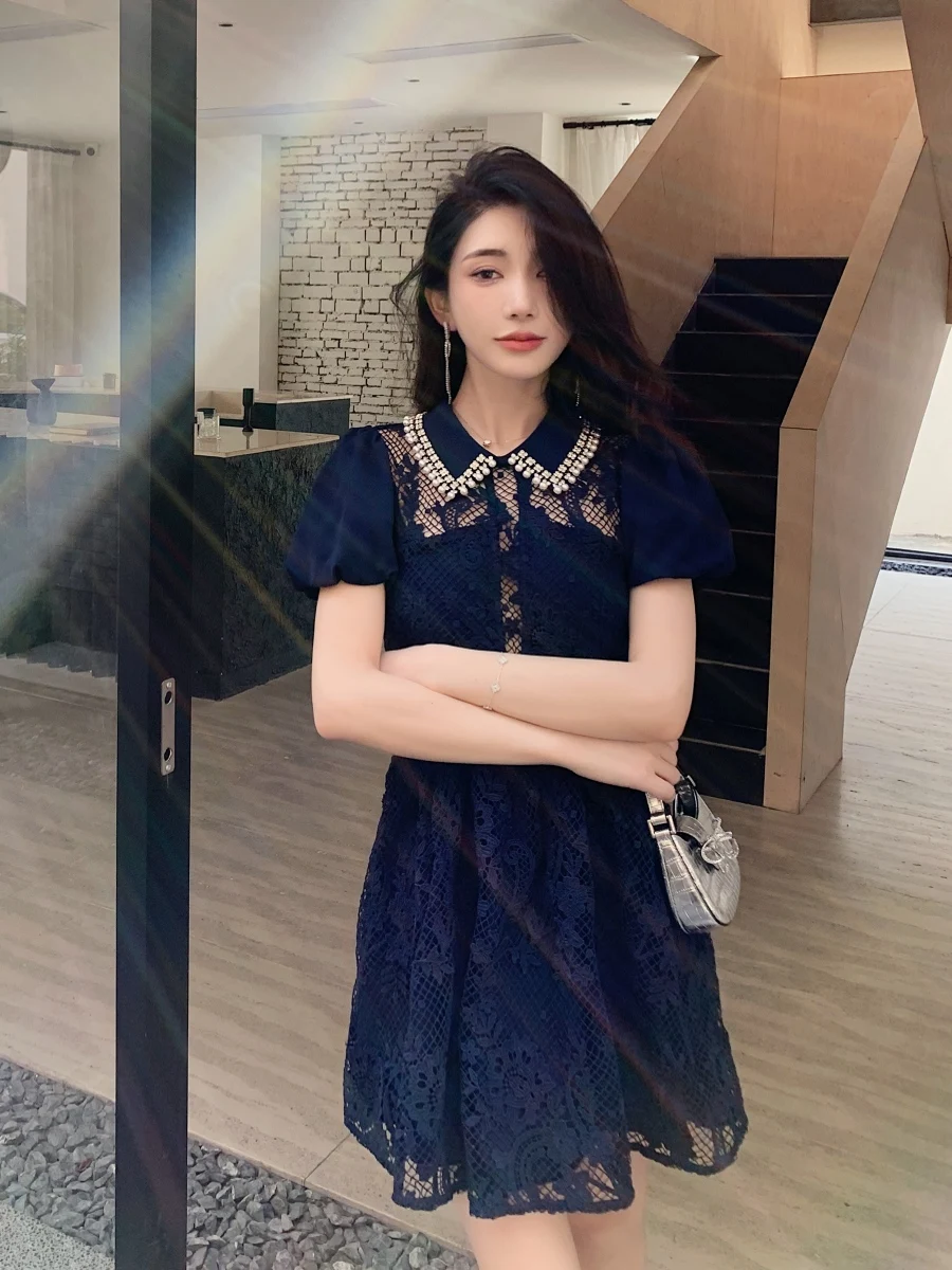 Autumn 2023 Women's Light Luxury High-End French Ladies Elegant Party Dress Fashion Lace Puff Sleeve Dark Blue Dress Feminine