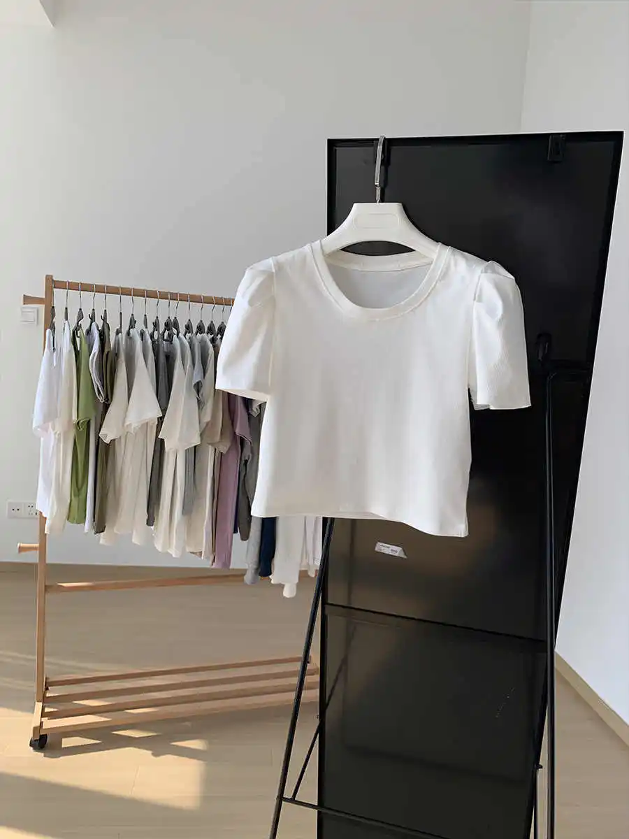 Sommer Französisch Blase Hülse T-shirt Frauen Rundhals Baumwolle Kurzarm Top Weibliche Elegante Einfache Weiche Weiße Tees