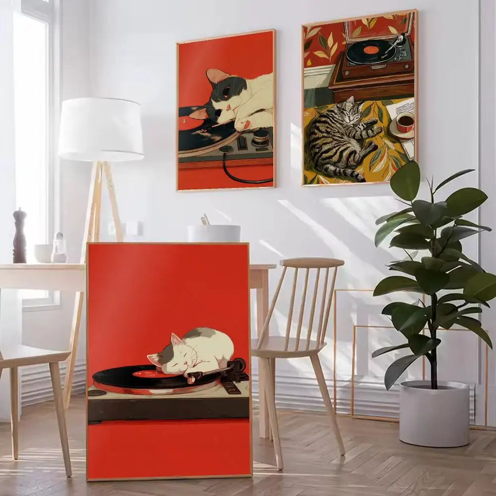 Retro Cat Coffee HD Wall Art Poster Vintage Record Player Illustration Bohemian Music Lover Decor Living Room Home Gift
