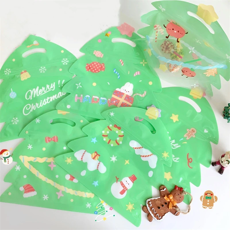 25X New Christmas Tree Shape Gift Bag One Side Clear Plastic Candy Cookie Packing Bags with Zipper Kids Home Party Decor Favors