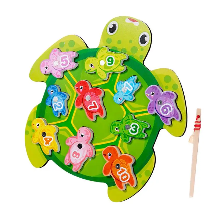 Jeu de pêche en bois en forme de tortue fuchsia pour la maternelle, jouet de comptage, document d'apprentissage des nombres