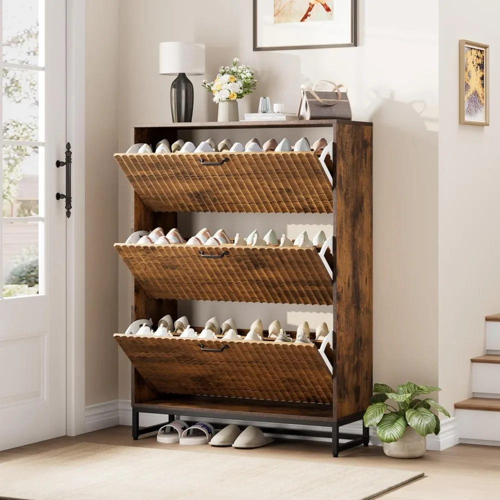 

Shoe Cabinet, Shoes Rack with 3-Tier Adjustable Shelves, Fluted Accent Shoe Organizer Cabinet, Can store multiple pairs of shoes