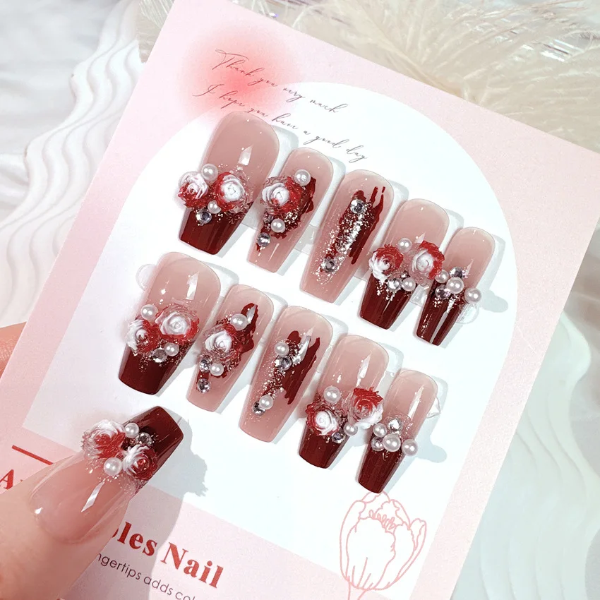 Long Ballet Press on Nails Red Rose Flower Designed Full Cover Fake Nails French Style Wearable False Nails Tips for Women