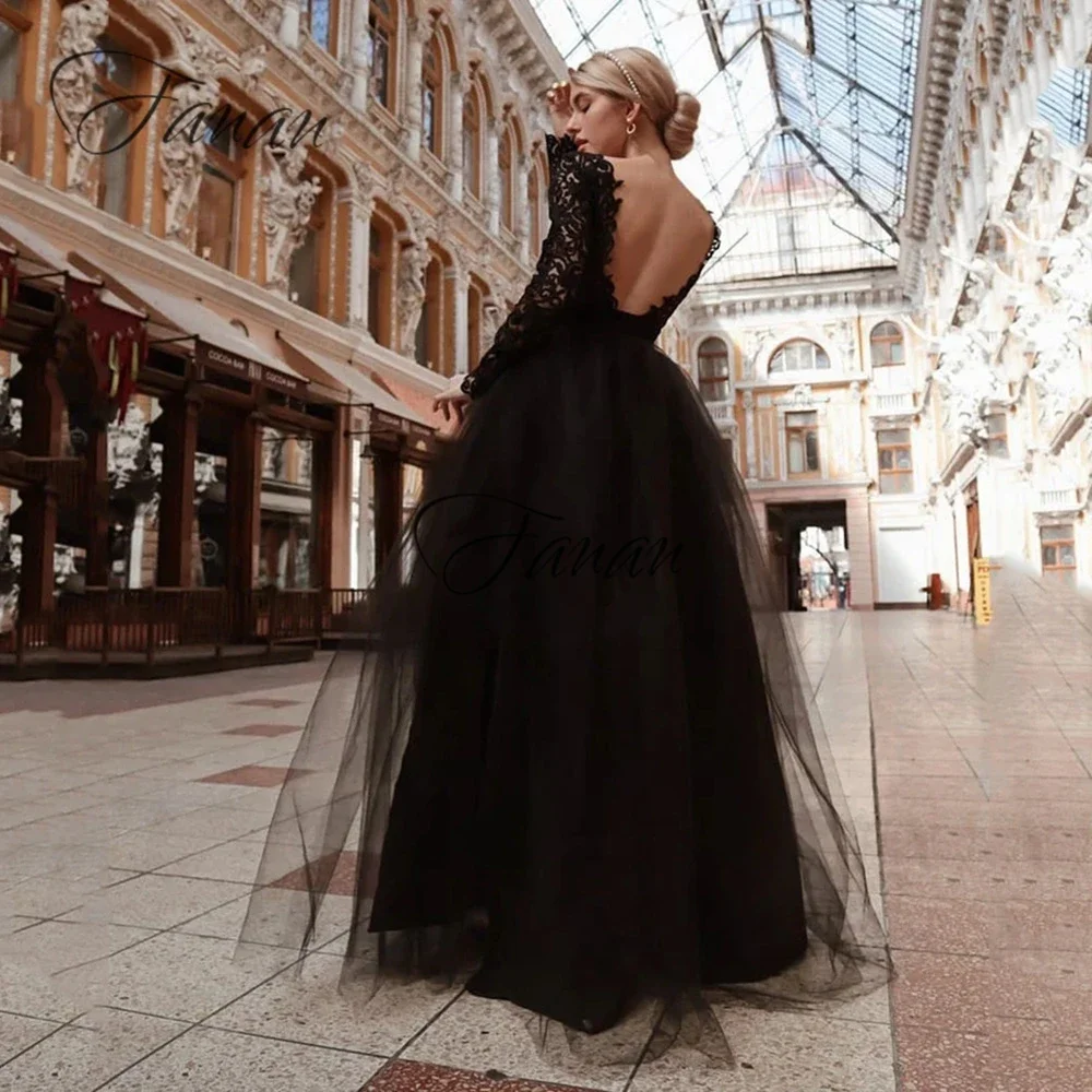 Vestidos de novia negros simples con cuello redondo, longitud hasta el suelo, encaje, manga larga, vestidos de novia para mujer, línea A, Halloween, baile de graduación