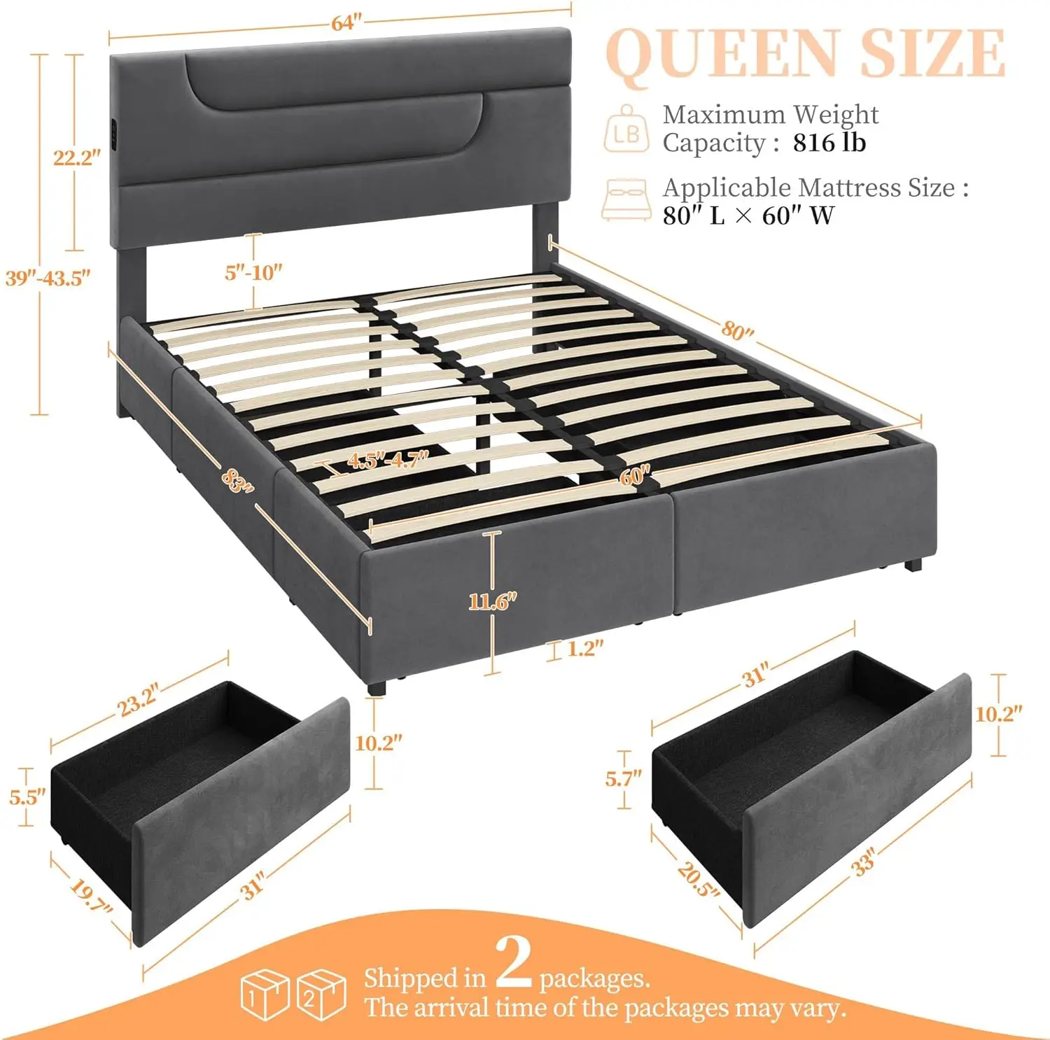 Yaheetech Queen Bed Frame Upholstered Platform Bed With Usb Charging Station/4 Storage Drawers/Streamlined Headboard/Mattress