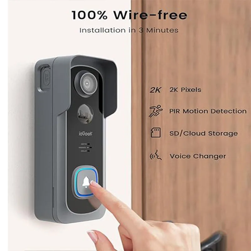 IeGeek 2K Bel Pintu Kamera Nirkabel -Bel Pintu Video dengan Dering Lonceng, Bel Pintu Wifi Pintar Deteksi Gerakan AI & PIR