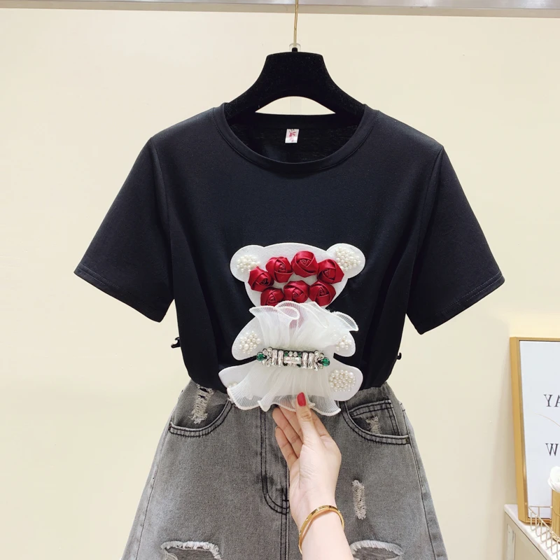 T-Shirt da donna a maniche corte allentata in cotone con perline Fashion Mesh Rose Flowers Bear Tees Lady Casual Summer Tops donna