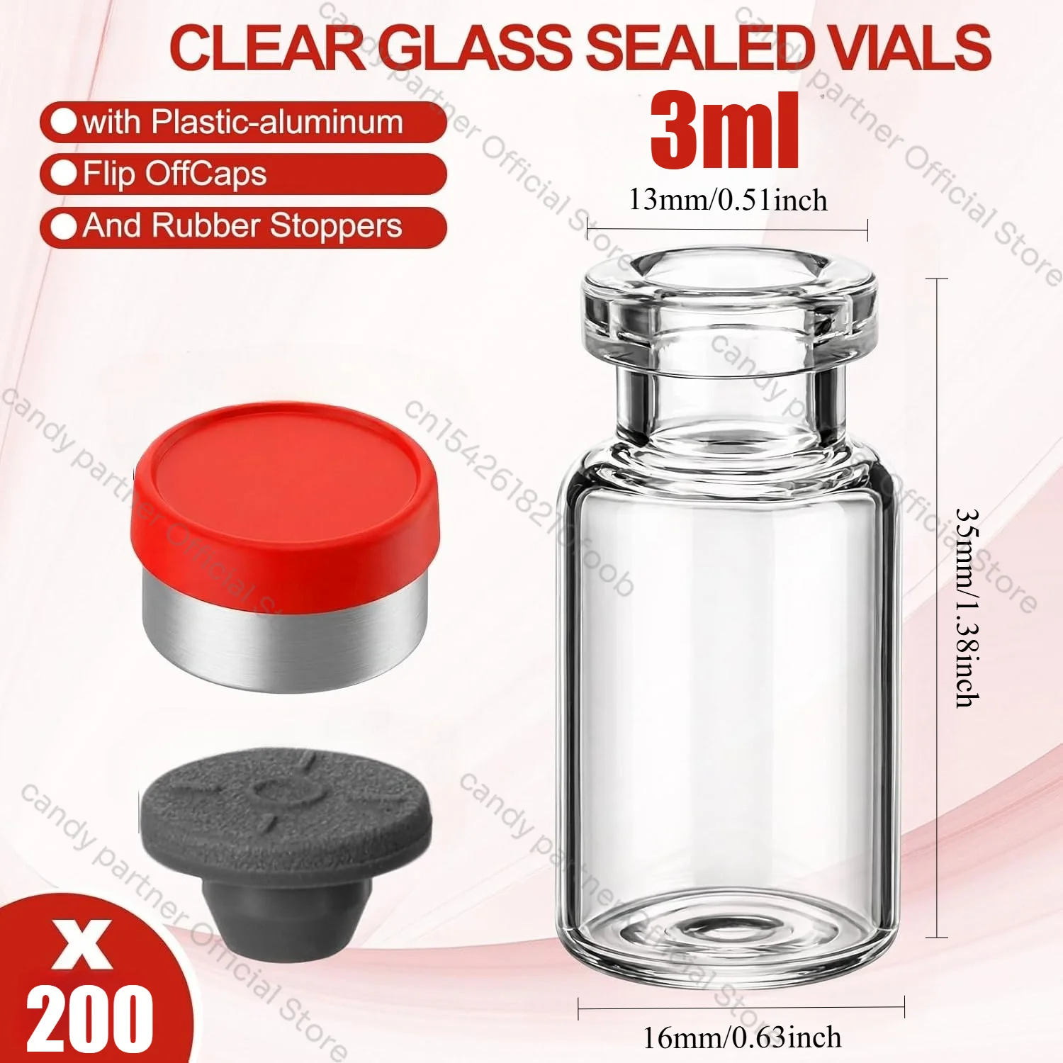 200 Stück 2/3ml Glasfläschchen, Klare Leere Glasfläschchen für Injektionen mit Kunststoff-Aluminium-Klappverschlüssen und Gummi-Injektionsstopfen, flach – Detail 3