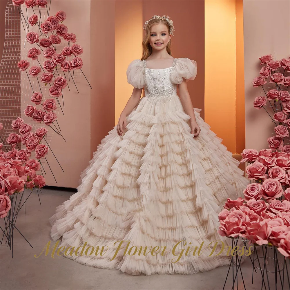 Meadow Glitter Sequin Children Birthday Wedding Dresses A Line Flower Girl Dress Cream Apricot Princess Girls Dress Customized