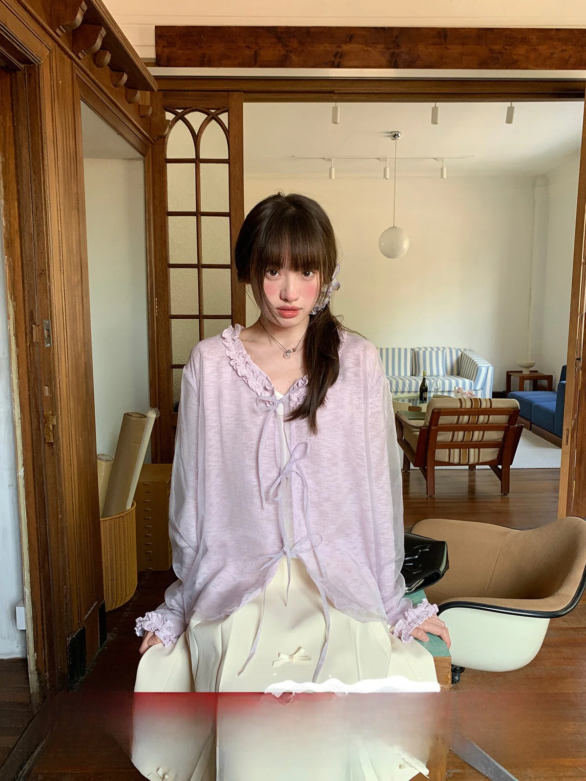

Sweet Light Purple Mist V-neck Knot Belted Open Cardigan Loose Set Casual Style Polyester Fiber Long Sleeve Knitted...