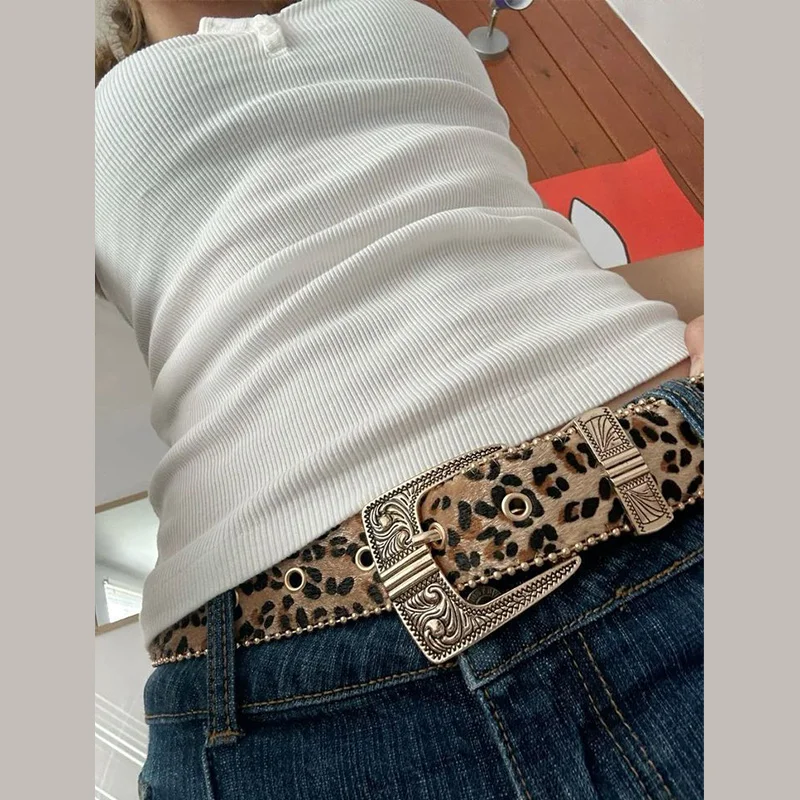 Retro Leopard Fashion Carved Gemstone Buckle Belt Hot Girl Y2K Jeans Leopard Belt Europe  United States Pearl Belt Ladies Wear