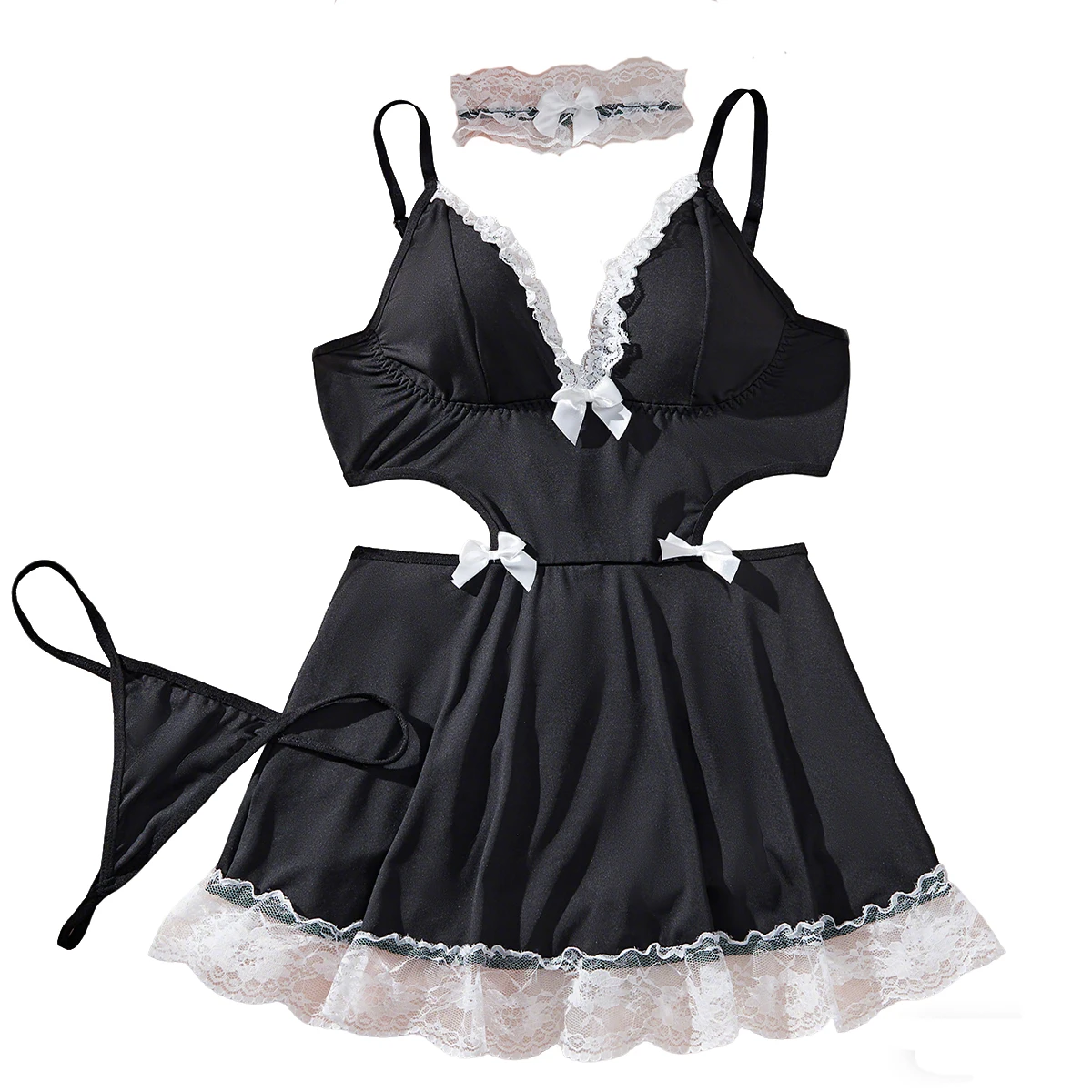 

Black Women Maid Dress Lace Collar Thong Sets Cosplay Costumes Uniform Lady Outfit French Apron Servant Set Style Mini Skirt