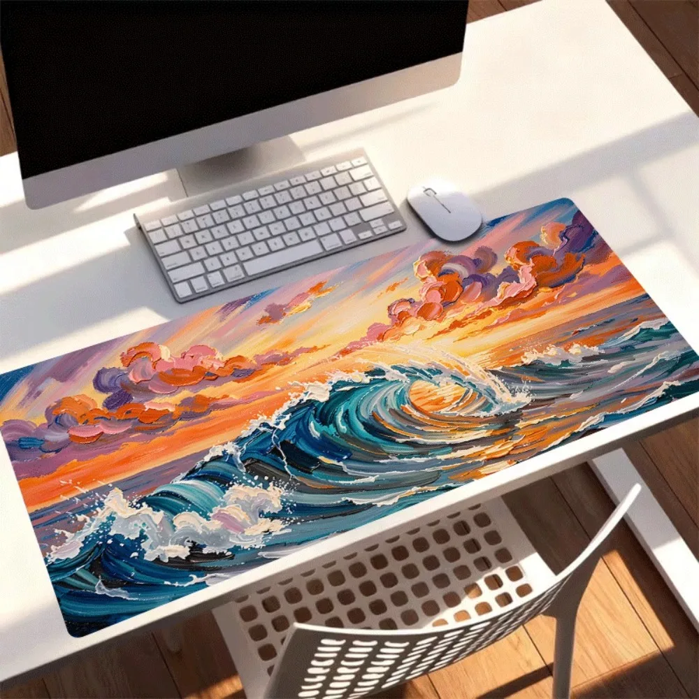 Anti-slip and durable desktop pad, with wave-shaped sunset pattern rubber base, suitable for offices and computer decoration