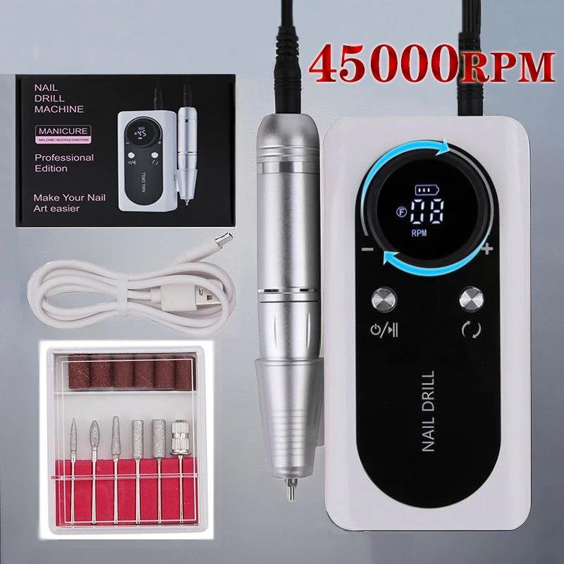 45000RPM Rechargeable Electric Nail Drill Machine for Manicure Acrylic Nails Removal Polishing Nail Salon Tools With LCD Display