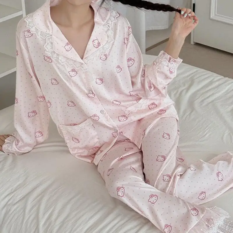 2 قطعة جديد الخريف كيتي القط منامة مجموعة الدانتيل منقطة الجليد بيجامة من الحرير طويلة الأكمام بنطلون طالب المنزل الملابس مجموعة