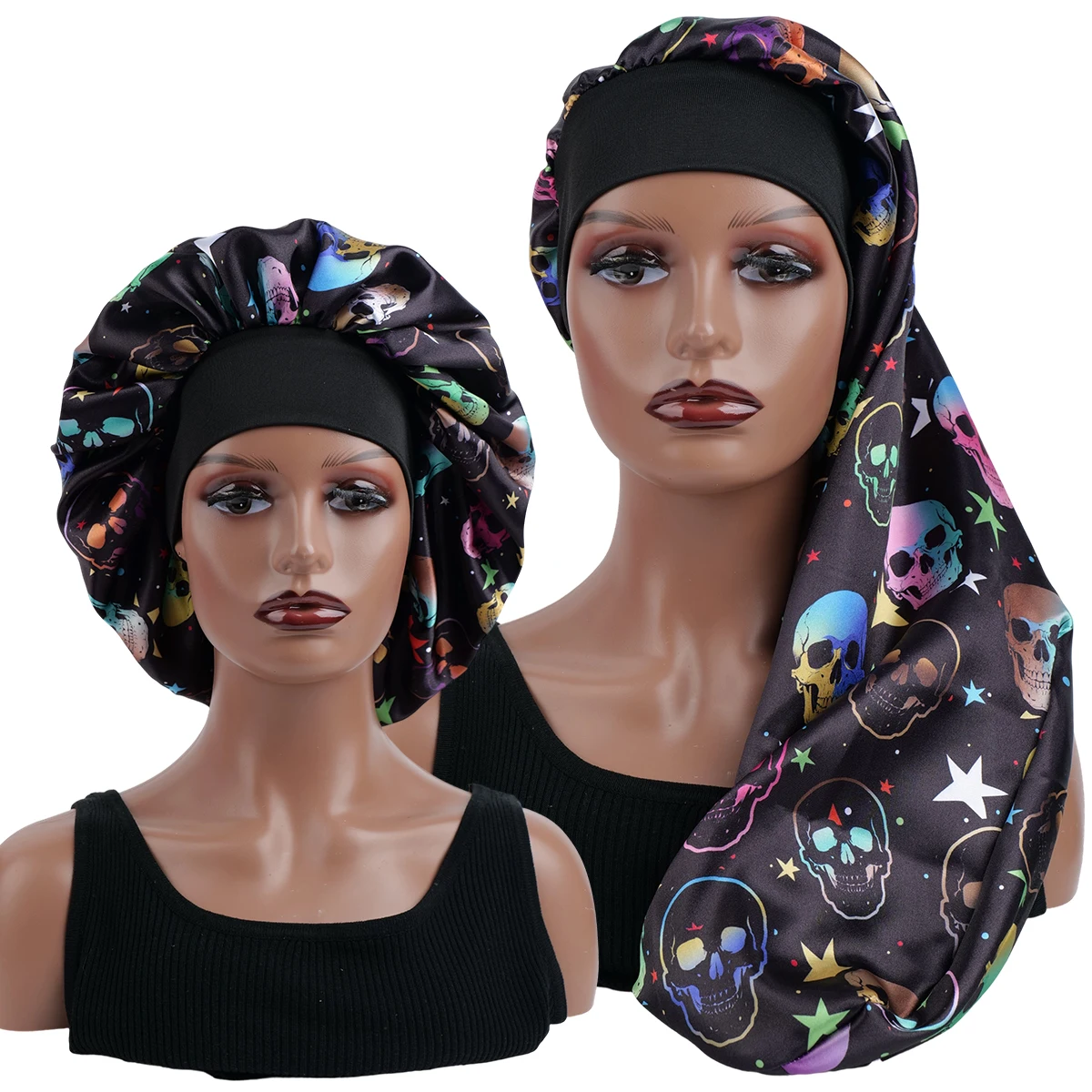 Halloween Skull Print Satin Sleep Cap - Long & Short Bonnet Styles, Elastic Band Hair Bonnet for Women & Men