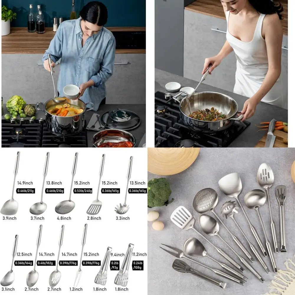 

11-Piece 18/10 Stainless Steel Kitchen Tool Set - All Metal, Includes Tongs, Fork, Spoons, Spatula, Ladle, Skimmer, Spaghetti Sp