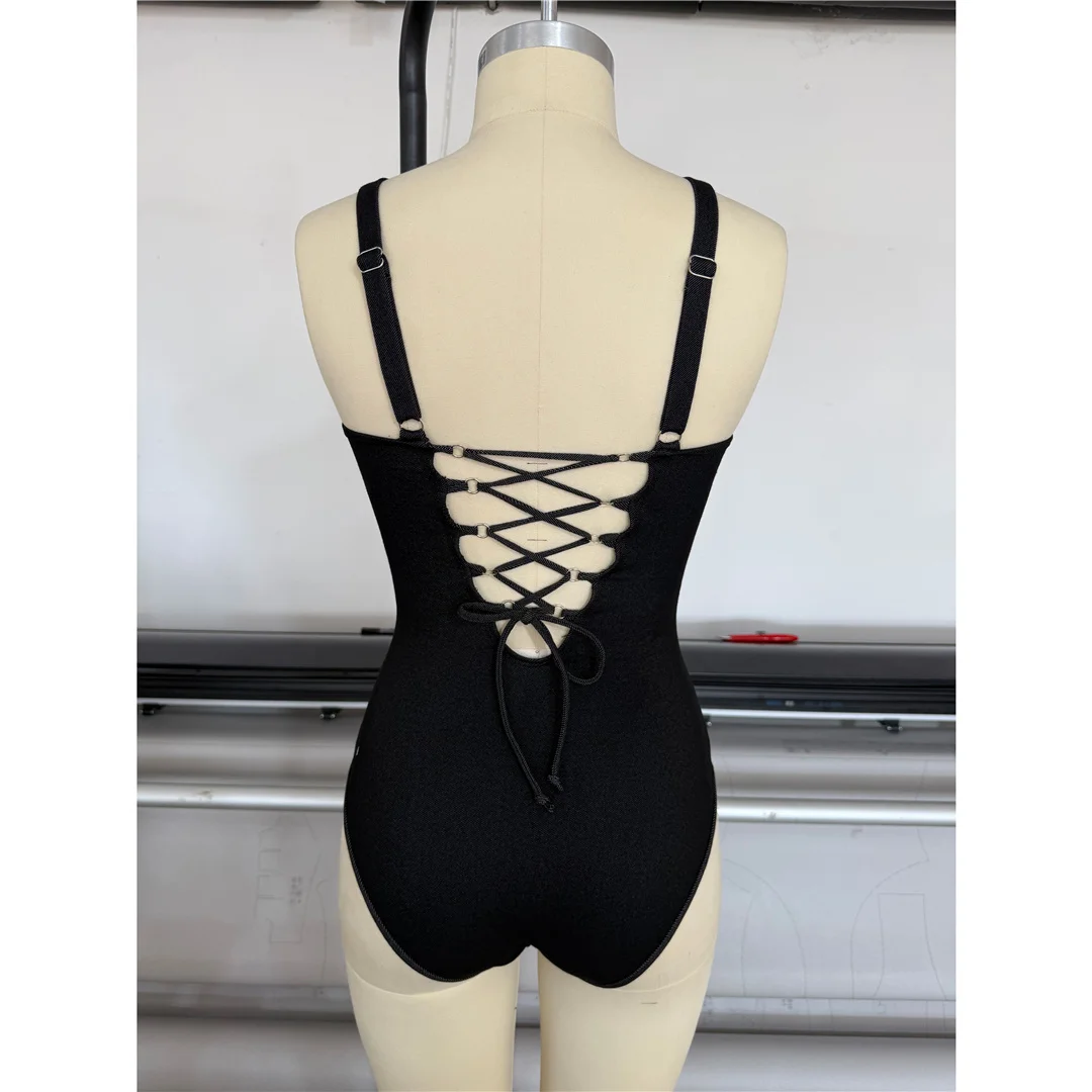 S - XXL Schwarzer, rückenfreier, einteiliger Badeanzug mit Schnürung, Damen-Bademode, weiblicher Badeanzug mit hohem Beinausschnitt und Polsterung, Badeanzug, Modell V8183 – Detail 11