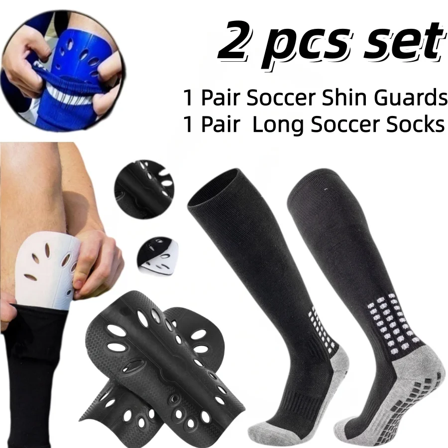 New Kids Soccer Protective Set 2Pcs Teenager Football Non-slip Long Soccer Socks Soccer Shin Guards Training Accessories