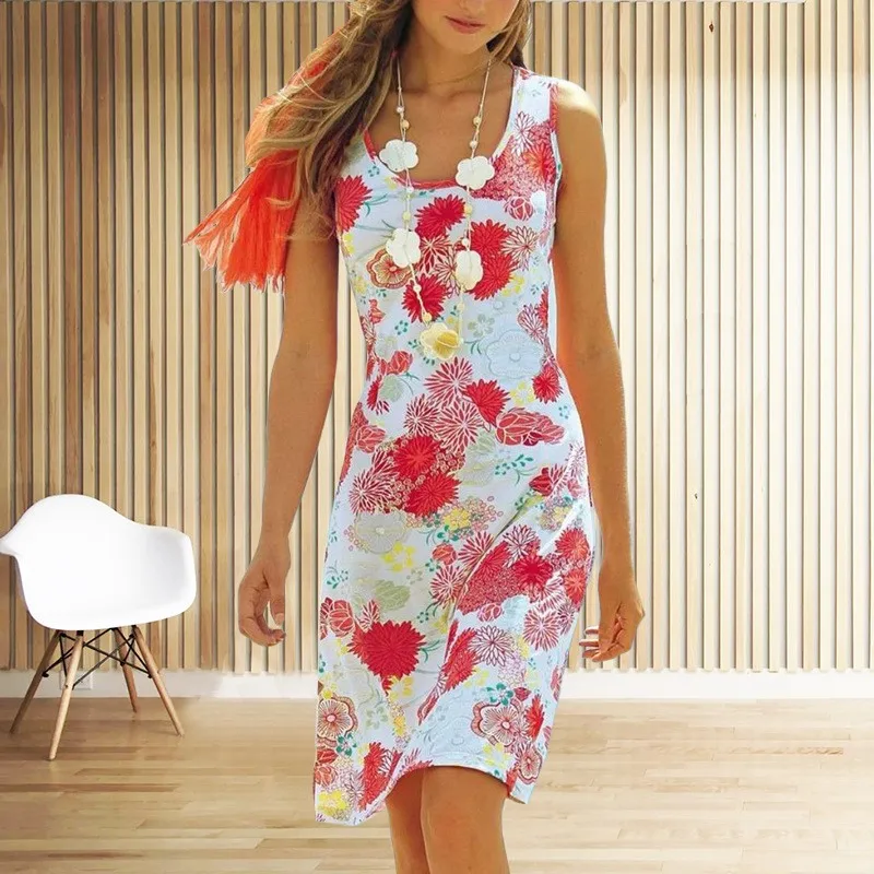 

European and American cross-border new Amazon 2024 floral print U-neck sleeveless beach resort mid length dress for women