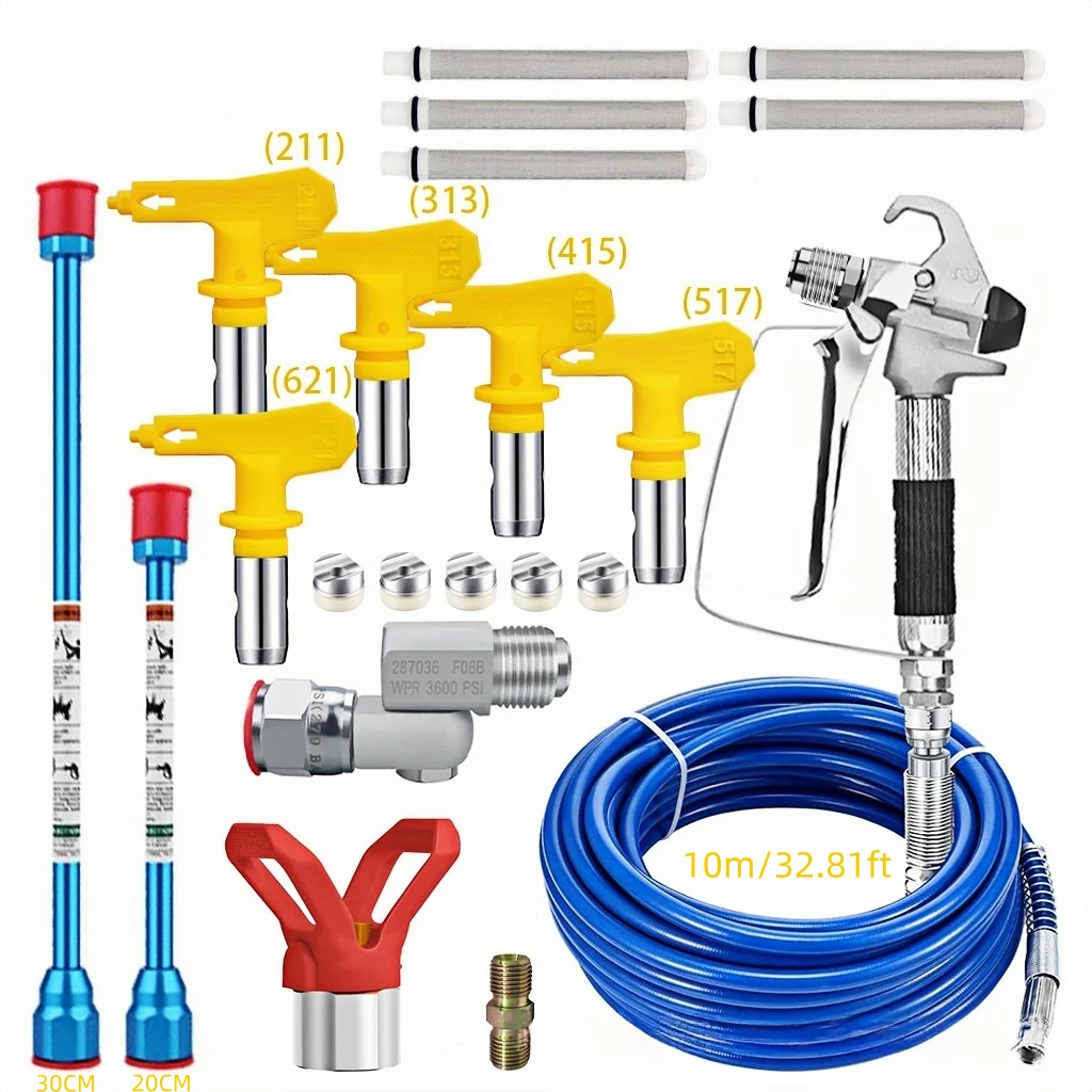 10m/32.8ft Airless Paint Sprayer Kit with Spray Gun, Hose, 5 Tips, Extensions, 3600 PSI for Latex Paint, Primer, Stain